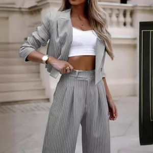 Women Striped Short Blazer And Straight Pants Set Elegant Lapel Long Sleeve Polyester Spandex Casual Office Lady Outfit Suit