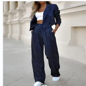 Elegant navy blue white striped two-piece suit set with short blazer and wide-leg pants