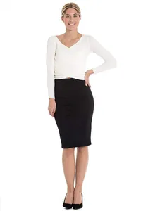 High-waisted black pencil skirt for professional OL wear, showing a slim fit mid-length cut.