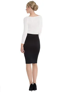 Detailed back view of an elegant high waist black midi pencil skirt for office wear