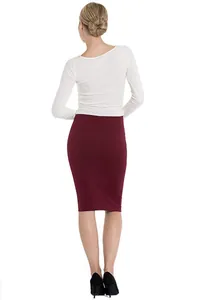 Back view of an elegant high-waisted burgundy pencil skirt for professional workwear outfits.