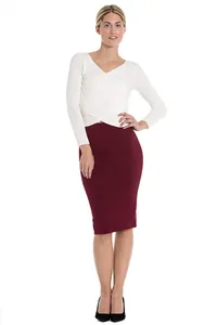 Full view of a burgundy high-waisted professional pencil skirt on a model.