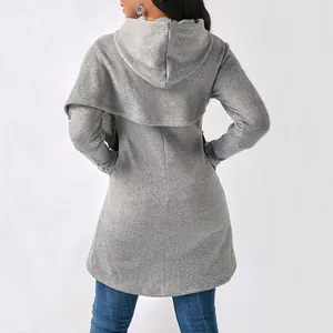 Rear view of a grey women's long-sleeved hooded sweatshirt featuring a casual design.