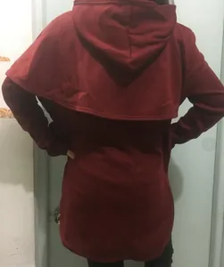 Back view of a burgundy long-sleeve hooded sweatshirt for women, hood detail.