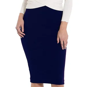 High-waisted navy blue midi pencil skirt showing the slim bodycon fit on model