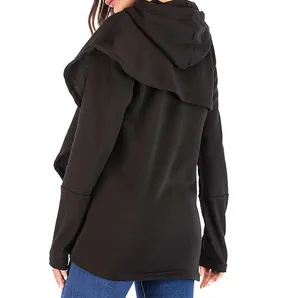 Rear view of a black women's long sleeve hoodie with a unique draped hood design