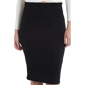 Close-up of a high-waisted black midi pencil skirt for professional office wear