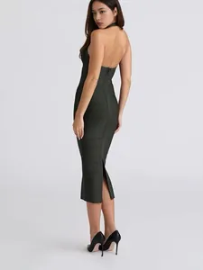 Robe midi bandage élégante dos nu à col licou vert foncé pour les soirées de banquet