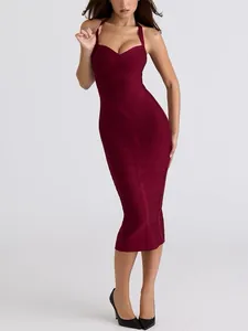 Robe midi bandage dos nu bordeaux élégante pour soirée