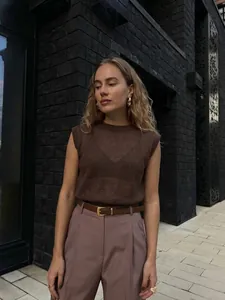 Chic sleeveless round neck knit vest for women in a minimalist brown solid color.