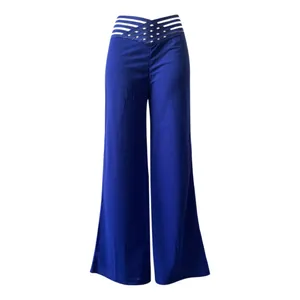 Elegantes pantalones de pernera ancha y cintura alta azul real con detalle de rayas