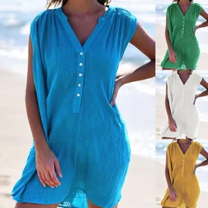 Women Casual V Neck Sleeveless Dress Summer Beach Button Up Loose Solid Color Polyester Midi Dress Fashion Streetwear