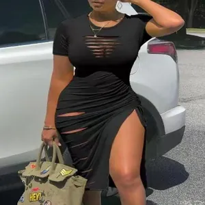 Detailed view of sexy black ripped short sleeve bodycon dress with high slit