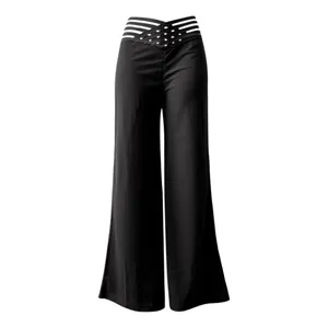 Vista detallada de pantalones negros de talle alto y pierna ancha con cintura calada.