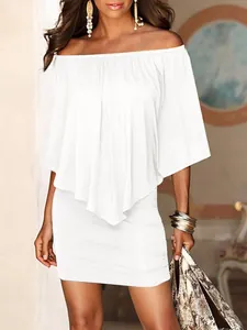 Detail of white off-the-shoulder bodycon dress with asymmetrical ruffled overlay