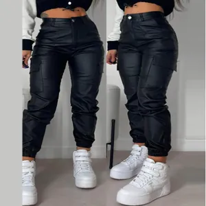 Front and side views of stylish black high-waisted PU leather cargo pants with pockets