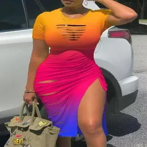 Vibrant gradient bodycon dress featuring hollow-out details and a sexy high side slit