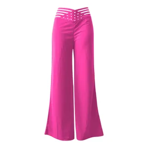 Vista frontal de pantalones de pierna ancha rosa con cintura alta de rayas calada.