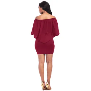 Detailed back view of a burgundy off-the-shoulder bodycon mini dress with ruffles