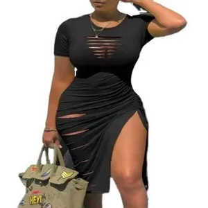 Sexy black ripped short sleeve mini dress with high side slit and ruching detail