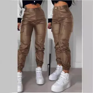 Women's high-waisted brown PU leather cargo pants with pockets and cinched cuffs