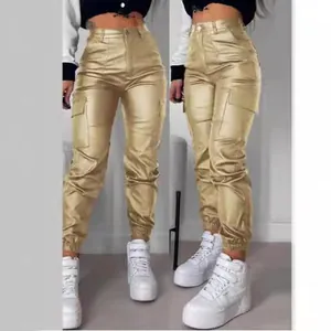 Women's metallic gold PU leather cargo pants with pockets and elastic cuffs