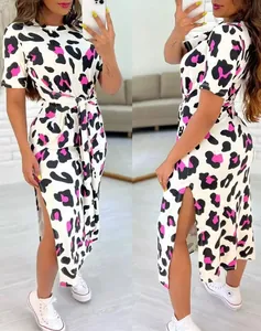 Trendy white leopard print midi dress featuring a tie waist and stylish side slit detail