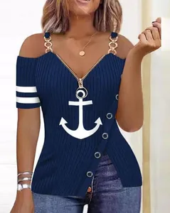Women Summer Anchor Print Camisole Zipper V-neck T-shirt Casual Polyester Striped Cold Shoulder Top With Chain Straps