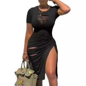 Sexy black cutout bodycon dress featuring high slit and short sleeves for party wear