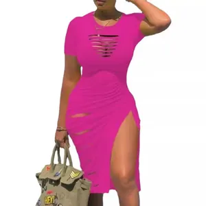 Women Sexy Round Neck Short Sleeve Distressed Hollow Out Ruched Bodycon Midi Dress With Side Slit Solid Camouflage Gradient Polyester Streetwear Clubwear