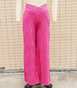 High waist wide-leg trousers in fuchsia with water ripple pleated texture detail