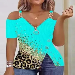 Close-up of a turquoise women's V-neck T-shirt with zipper and leopard print detail