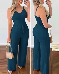 Sexy blauwgroene zomerse tweedelige set met V-hals top en wijde broek met hoge taille