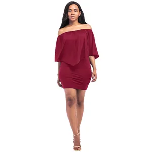 Elegant wine red off-shoulder bodycon dress with unique geometric ruffle flounce detail