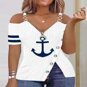 Detailed view of women's cold shoulder striped t-shirt with anchor print and zipper neck