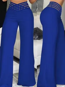 Elegantes pantalones azul real de cintura alta con calado de malla y pernera ancha.