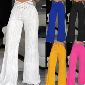 Detail view showing multi-color options of high waist pleated water ripple wide-leg pants