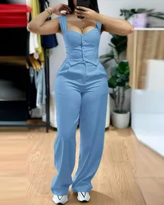Full body view of an elegant light blue two-piece set featuring a corset top and wide leg pants