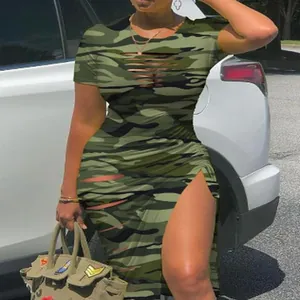 Sexy slim fit camouflage bodycon dress with chest cut-outs and high side slit design