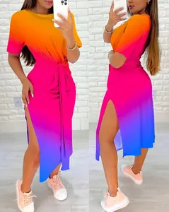 Front and side view of colorful ombre gradient short sleeve maxi dress with side slit