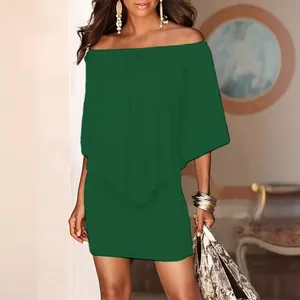 Elegant off-shoulder bodycon mini dress with irregular ruffled detailing in dark green