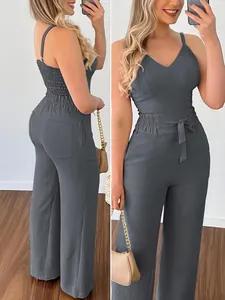 Sexy donkergrijze V-hals camisole top en high-waist rechte pijpen broek casual set