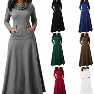 Abito Maxi Donna con Collo ad Anello Patchwork Tasca a Maniche Lunghe Tinta Unita A-Line Abito Lungo Casual Elegante Inverno Autunno