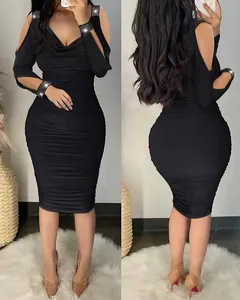 Elegant black V-neck bodycon dress with rhinestone details and flattering ruching