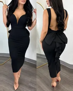 Robe moulante noire dos nu élégante avec décolleté en V et détail nœud au dos pour femme
