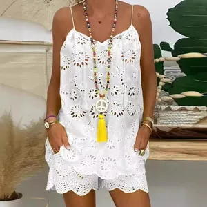 Boho Damen Baumwolle Oberteil und Unterteil Lochstickerei Trägertop Rüschen Ärmellos Kordelzug Sommer Urlaub Shorts Set