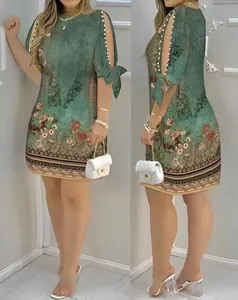 Ethnisches Mini-Blumenkleid mit schulterfreien Schleifenärmeln und Perlenbesatz