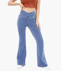 Damen Yoga-Schlaghose mit hoher gekreuzter Taille und authentischer blauer Denim-Print-Struktur