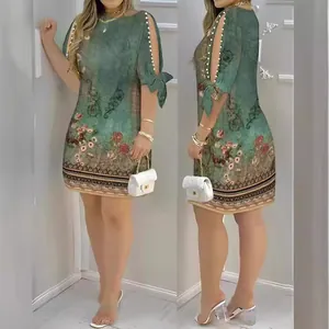 Vrouwen Retro Etnische Stijl Bloemen Kralen Jurk Ronde Hals Open Schouder Kunstmatige Parel Gedecoreerd Polyester Midi Jurk