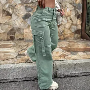 Dames Retro Cargo Broek Polyester Hoge Taille Rechte Pijpen Multi Pocket Streetwear Casual Onderkant Saliegroen Donkergrijs Broek
